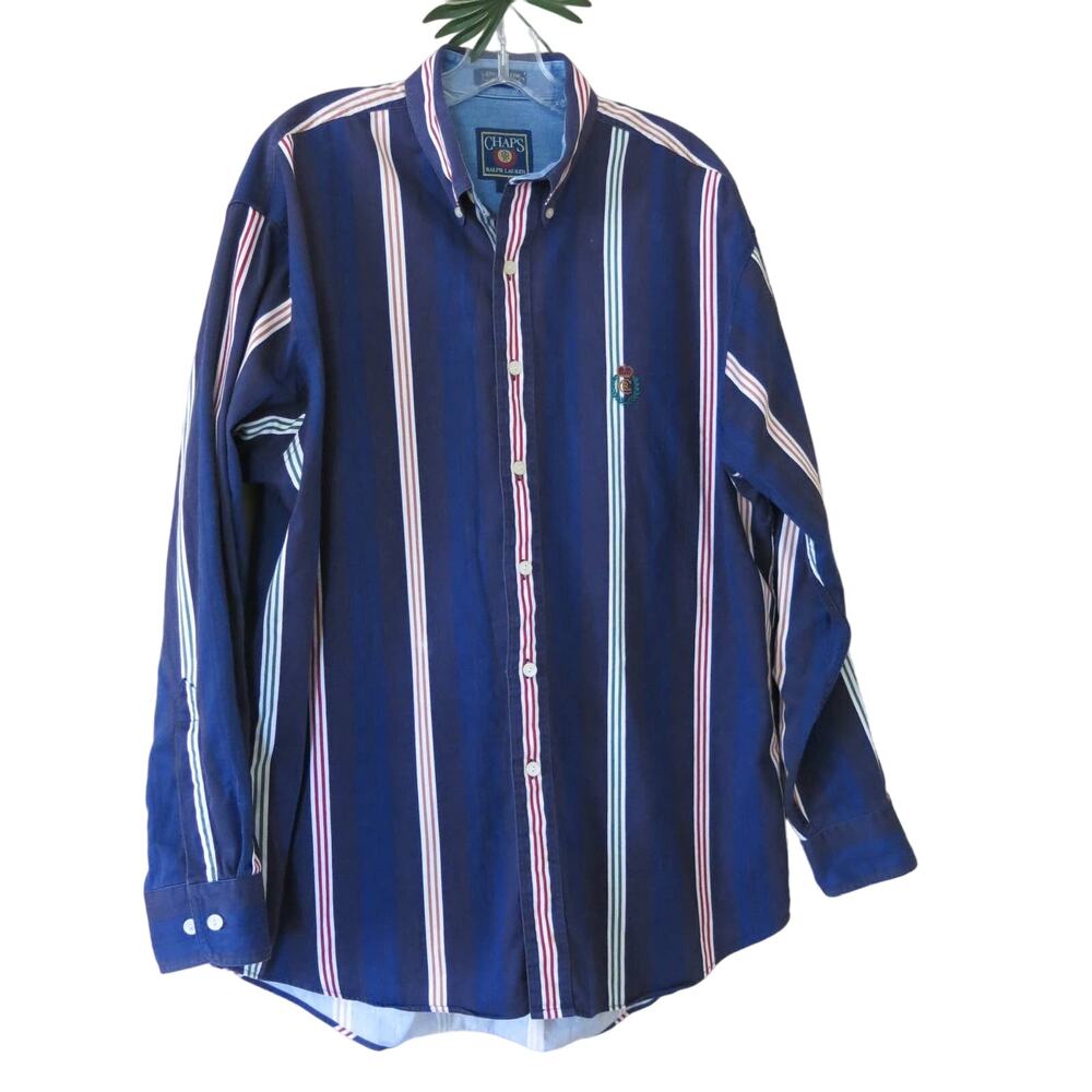 VINTAGE CHAPS RALPH LAUREN Shirt Size L Button Down Striped Business Retro 90s